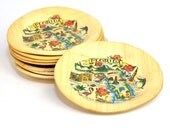 Florida State Souvenir Bamboo Coasters, SET OF 8 - Cute Full Color Birds, Fruit, Flowers Print - Vintage Home Kitchen Decor