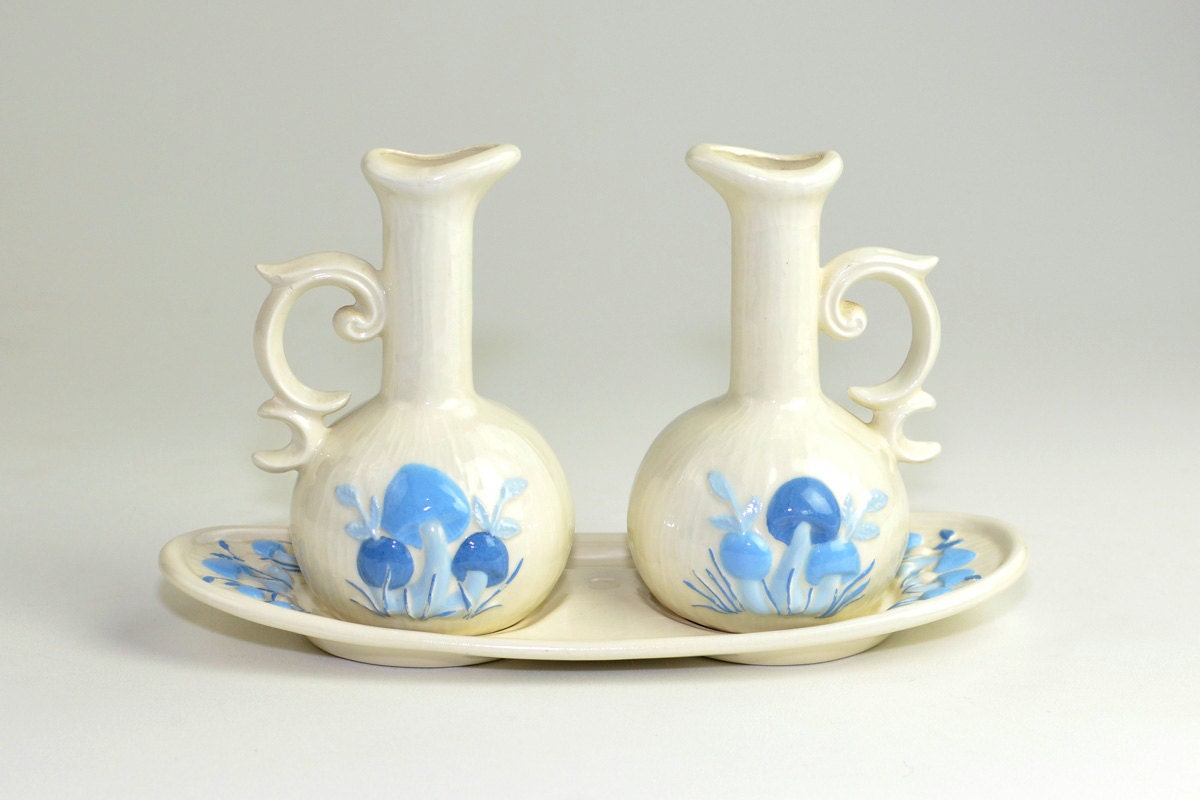Arnel's Blue Mushroom Toadstool Cruet Set - Oil & Vinegar, Dressing, Condiment Dishes on Serving Tray, Repurpose Vase - Vinage Home Kitchen