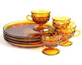 Amber Glass Teacup & Snack Plate Set by Indiana Glass Company - Retro Yellow Orange Accent, 4 SETS, 8 PIECES - Vintage Kitchen Serving