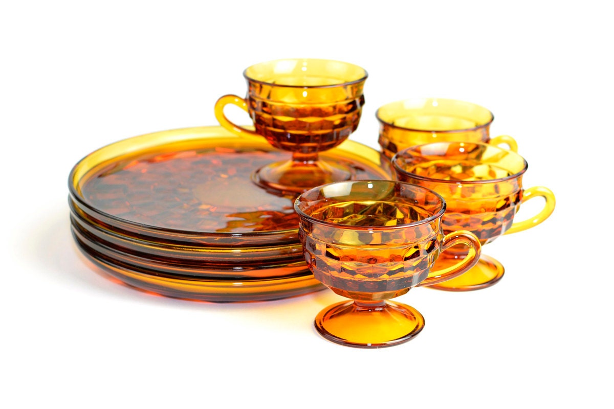Amber Glass Teacup & Snack Plate Set by Indiana Glass Company - Retro Yellow Orange Accent, 4 SETS, 8 PIECES - Vintage Kitchen Serving
