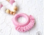Eco-friendly Nursing necklace / teething toy /Teething Necklace with juniper beads pink white colors READY TO SHIP