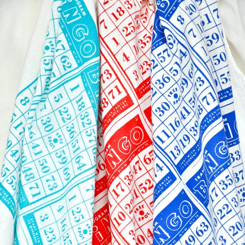 Tea Towel Set--Bingo Card, Vintage Transogram Bingo Card, Aqua, Red, Blue, Hand Printed, Water Based Ink-- Soft, Lint Free, Awesome.