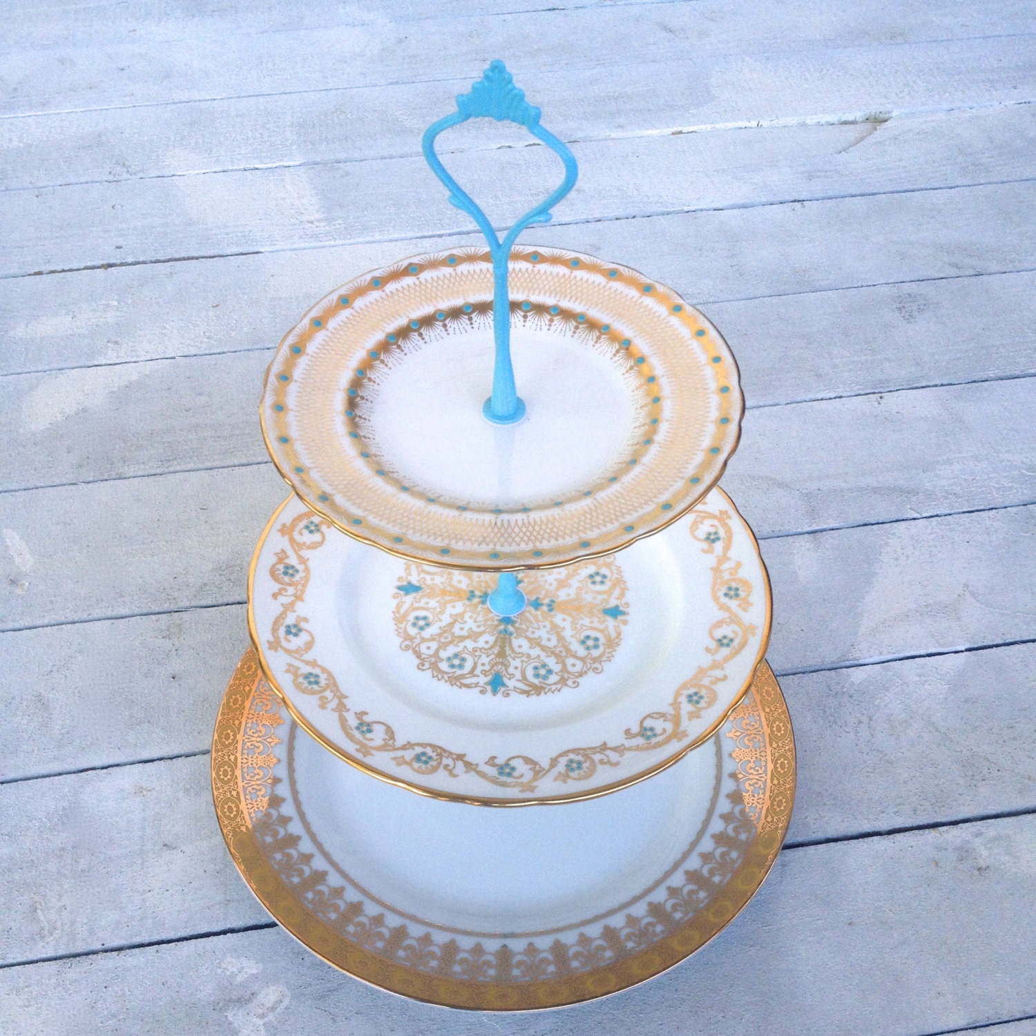 RESERVED for Laurel Tinsley: Tiered Stand, 3 Tier Cake Stand, Gold, Aqua, Turquoise