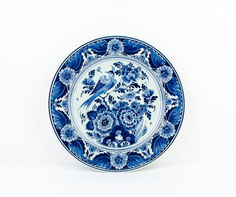 Vintage - Blue and white - Delft Blue porcelain wall plate with  flowers and bird - Velsen Sassenheim - handpainted - made in Holland