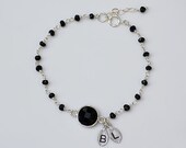 Personalized Black Onyx sterling silver bezel set hand stamped initial spinel wire wrapped bracelet - bridesmaid wedding bracelet