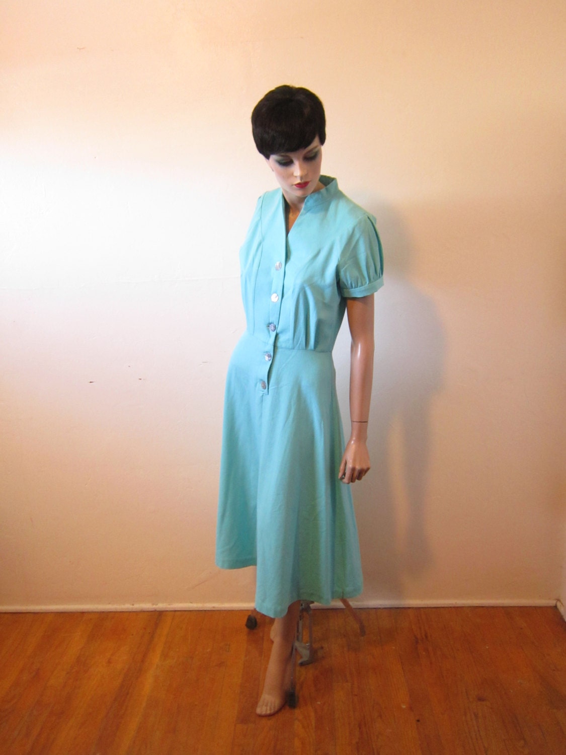 Vtg 60's Turquoise Day Dress - Quality Homemade - Size M - Womens Womans - Vintage 1960s 60s