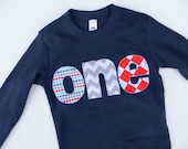 Long Sleeve Birthday Shirt  in Navy with tiny dots, grey chevron and red argyle 1st Birthday