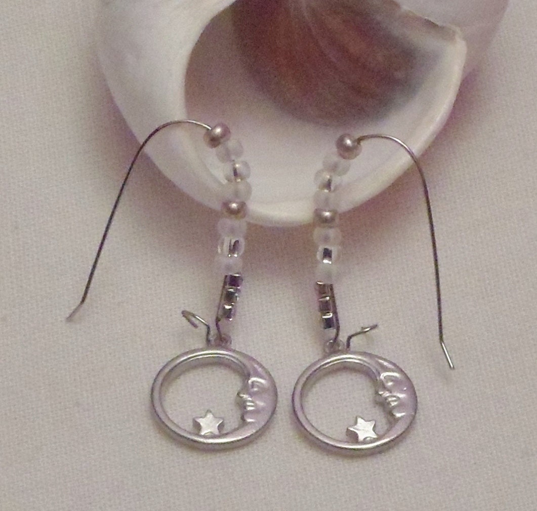 Earrings with Moon & star charms and dangling Czech beads
