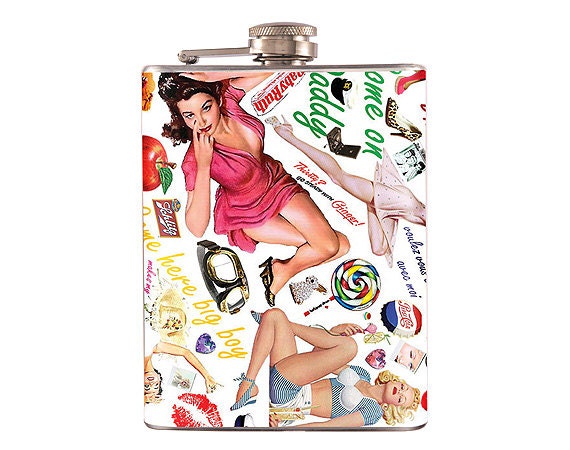 Liquor Hip Flask Stainless Steel Pin Up Girl Collage 8 oz (F-143)