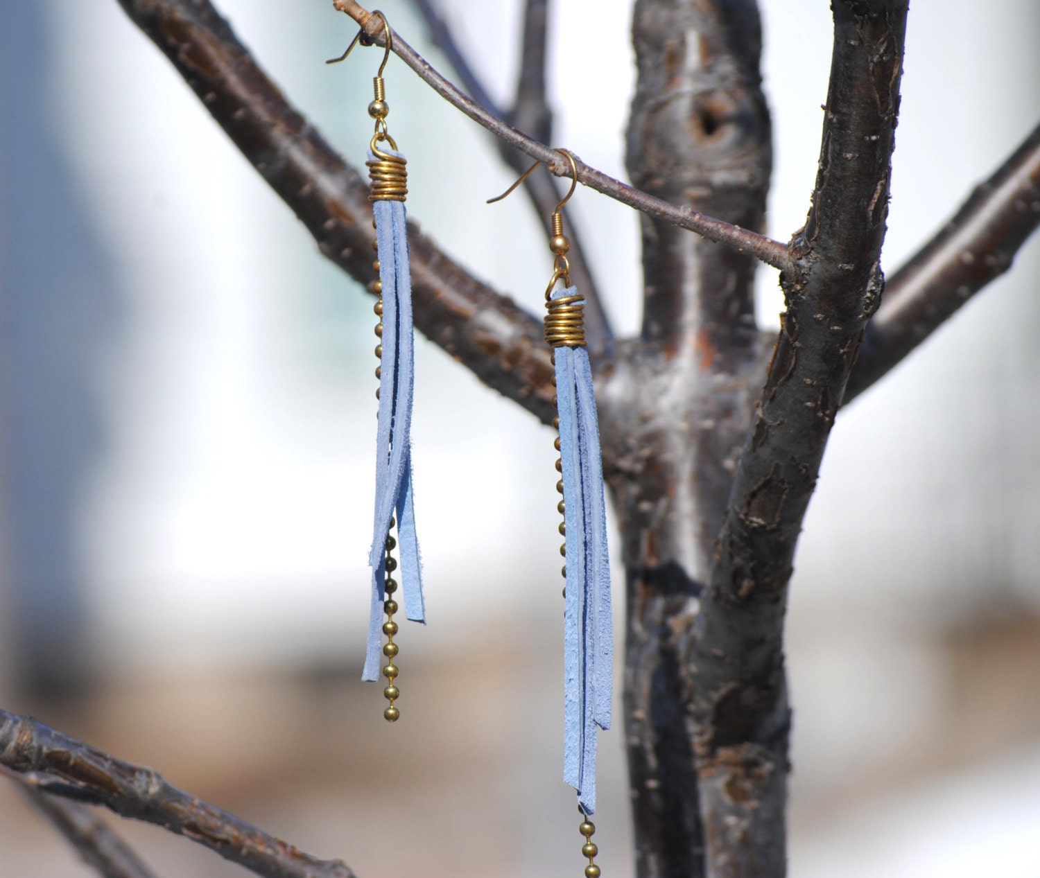 Light blue leather and chain earrings