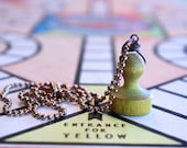 Upcycled Simple Vintage Yellow Wooden Pollyanna Game Piece Charm Necklace