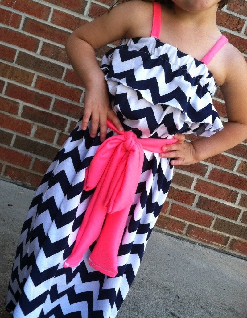 Navy Chevron Jersey Knit Long Maxi Dress with Ruffle Neck Line and Pink Accent Belt and Straps