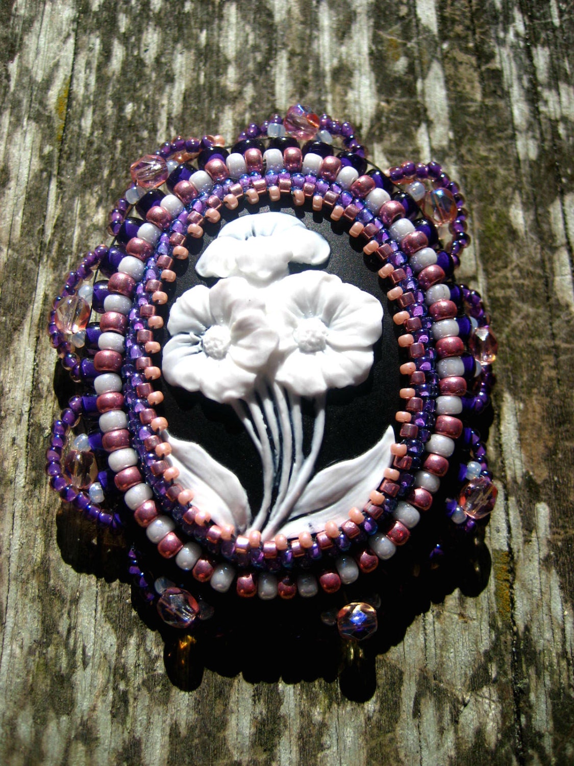 Floral Cameo Brooch - Flower Brooch - Beaded Pin - Beaded Brooch - Ruffle Brooch - Bead Embroidery - Bead Embroidered
