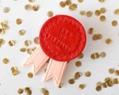 Birthday Ribbon Brooch, Stamped Polymer Clay Ribbon Brooch