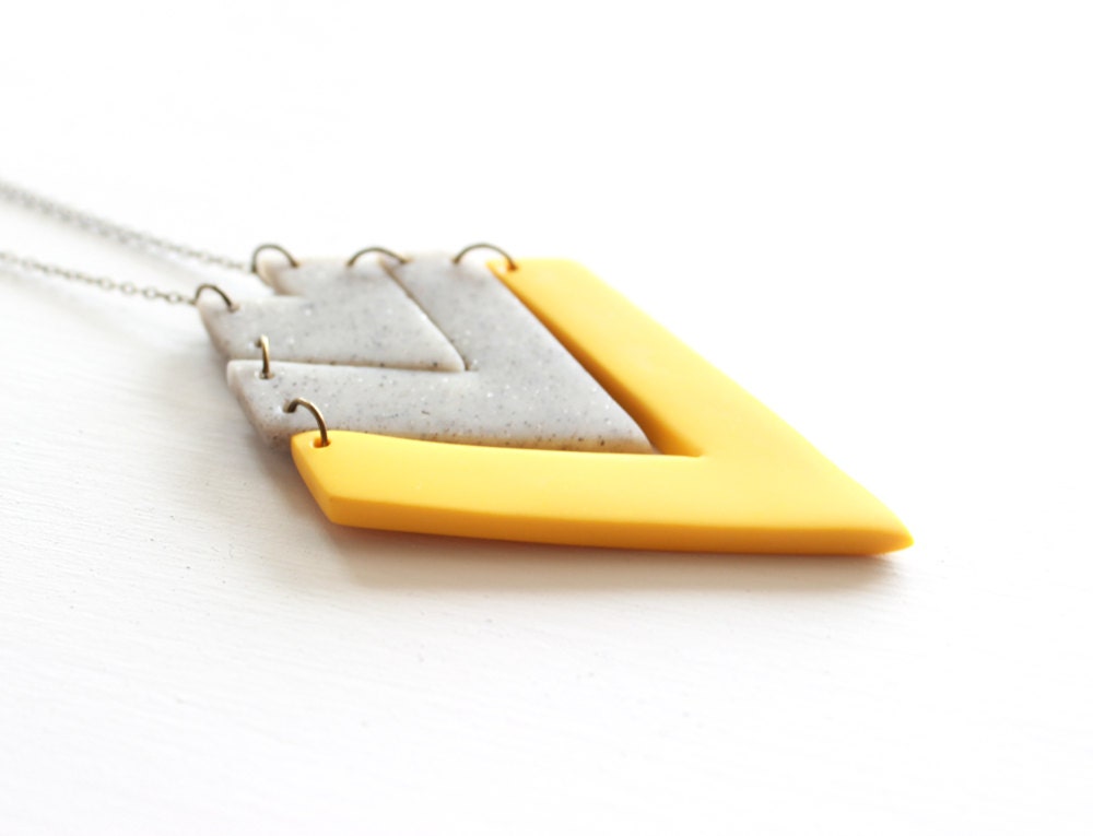 Mustard Yellow and Gray Tribal Arrow Necklace, Polymer Clay Pendant Necklace - AQuietCuriosity