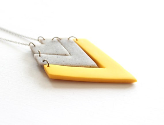 Mustard Yellow and Gray Tribal Arrow Necklace, Polymer Clay Pendant Necklace