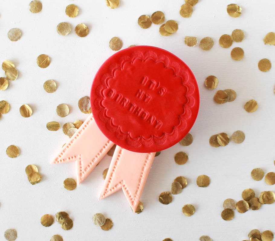 Birthday Ribbon Brooch, Stamped Polymer Clay Ribbon Brooch