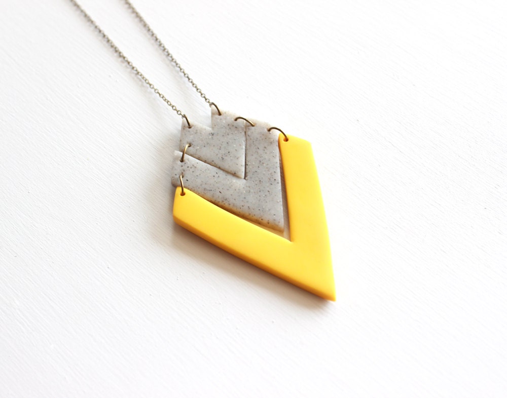 Mustard Yellow and Gray Tribal Arrow Necklace, Polymer Clay Pendant Necklace