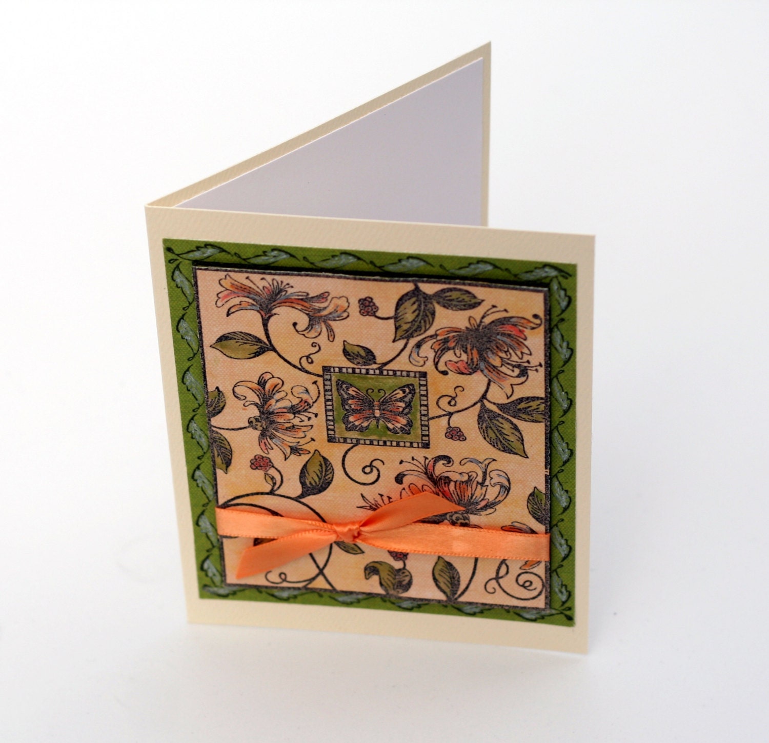 Honeysuckle note card, orange green floral blank card, Vines, birthday card, thank you card