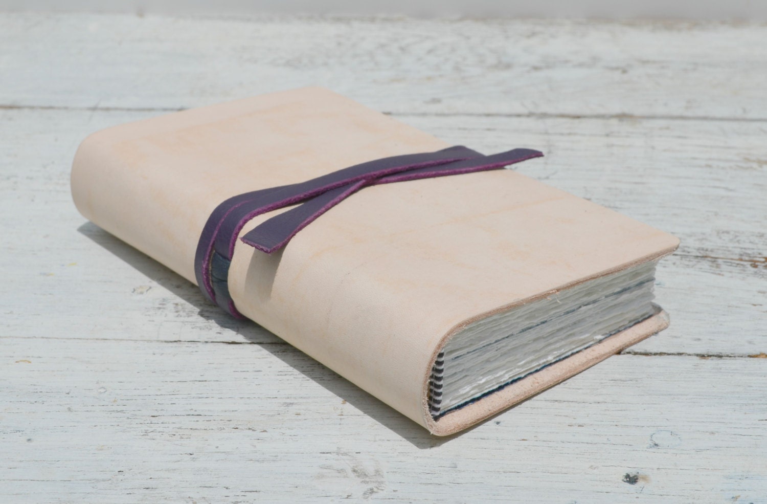 Bone White Leather Bound Handmade Journal Travel Diary Silkscreen Art Notebook (199)