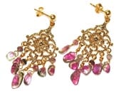 Watermelon Tourmaline Slice Chandelier Earrings Gold Vermeil Pink Green Ready to Ship