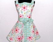 Cute pink and blue floral cotton handmade full bib womens apron-one size fits most-spring colors retro design