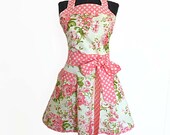 Cottage chic pink roses full bib womens kitchen apron with retro circle skirt-one size fits most