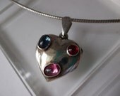 Vintage Stone & Sterling Silver HEART-Shaped LOCKET Necklace/ Heart PENDANT/ Unique Locket Jewelry/ Sentimental Unique n Sweet Silver