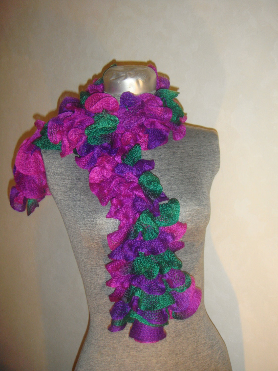 Hand Knitted, Ruffle Scarf, Frilly, Fuscia , Purple and Emerald Green. Fun Fashion Flair. -15% OFF. VALENTINE SALE. - lisaleanne