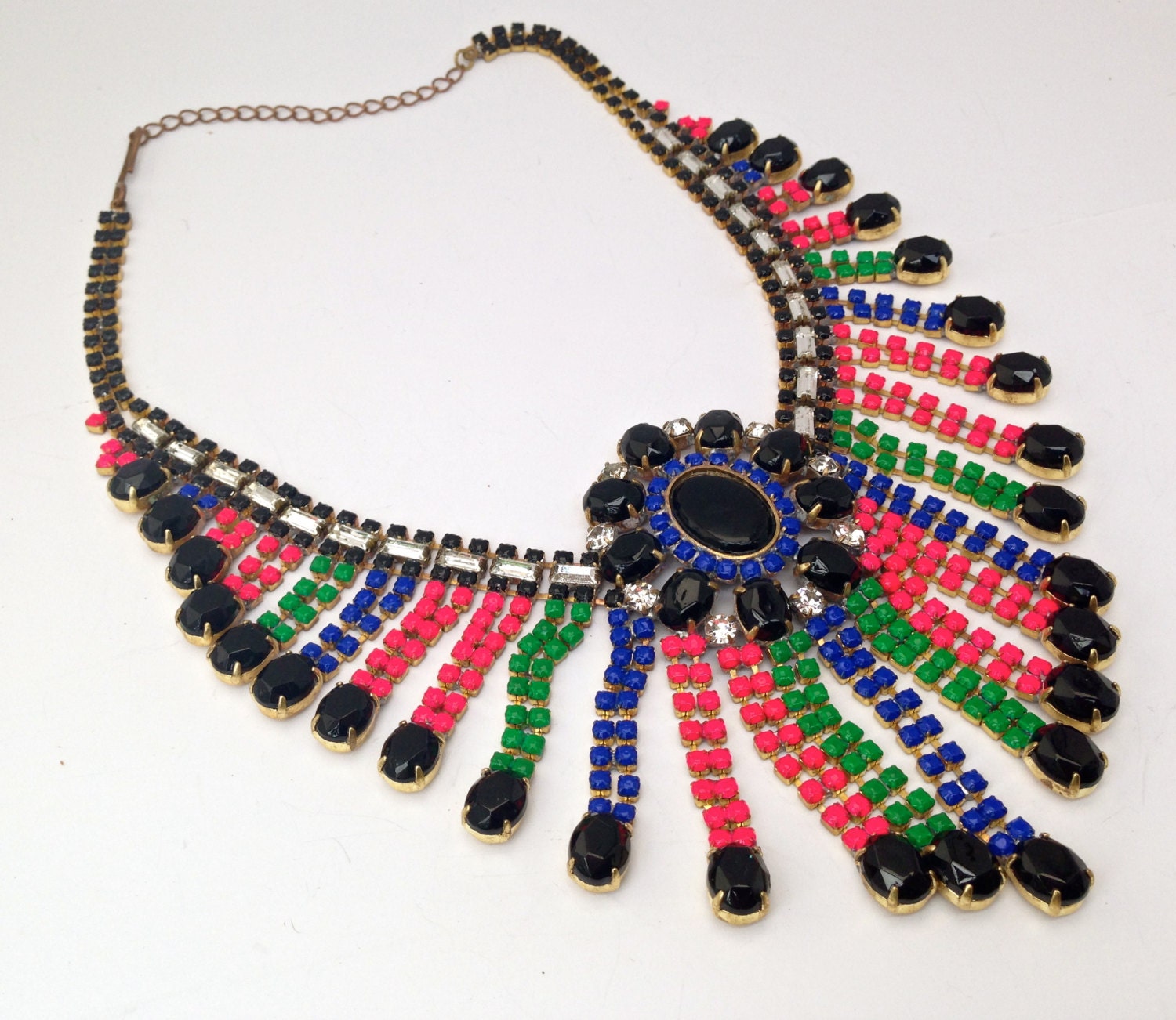 Neon Vintage Hand Painted Rhinestone Statement Necklace - Bib