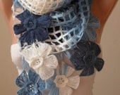 Mother's Day - White - Blue and Dark Blue Wool Crochet Scarf - Handknit - Winter Scarf