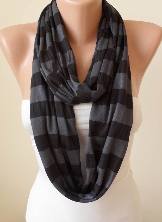 Dark Gray Striped Infinty Scarf  - Circle -  Loop Scarf - Combed Cotton Fabric