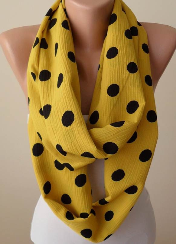 Mother's Day - Mustard / Yellow and Black Polka Dots Infinty Scarf - Soft Cotton Fabric