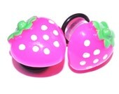 00g (10mm) Plugs with Kawaii Strawberries Fruits Neon Pink Cute Gauges Earrings for Stretched Ear Piercings (Acrylic, with o-rings)