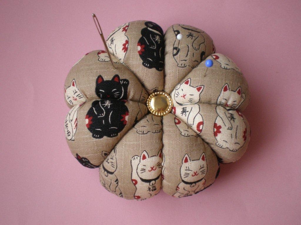 Pincushion CAT FABRIC. Great for a sewing gift - Round Pin Cushion. Double Sided Cats. Maneki neko cats. Lucky cats. Japanese cat fabric.