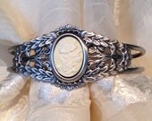 Lily Cameo Bracelet Cuff in Ornate Leafy White Clowers on Pale Yellow in Antiqued Silver Vintage Inspired Handmade Jewelry