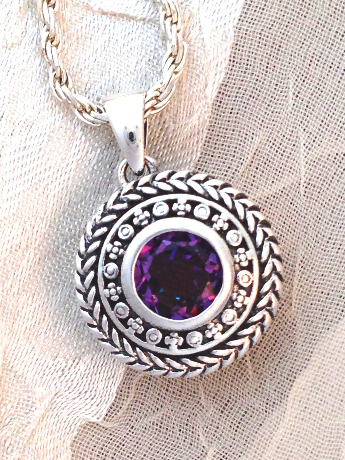 Purple Mystic Topaz Pendant Necklace 2CT Gemstone in Sterling Silver Filigree Fiery Colors