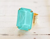 Seafoam Mint Green Rhinestone Cocktail Ring - Adjustable Gold Statement Ring