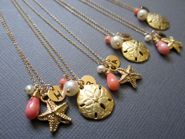 Set of 6, Beach Wedding Jewelry, Bridesmaid necklace, Monogram, Hand stamped Initial,  Starfish charm, Rresh water Pearl, Coral necklace.