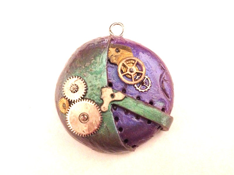 Steampunk Pendant Purple and Green Real Gears