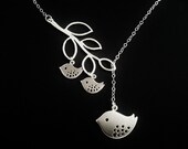 SALE, MOTHERS DAY gift,Bird and Branch necklace,silver bird necklace,mom and baby necklace,silver lariat necklace,mom daughter necklace