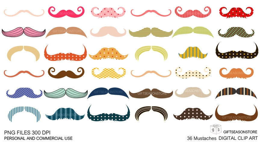 36 Mustaches Digital clip art for Personal and Commercial use - INSTANT DOWNLOAD