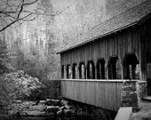 Covered Bridge Photo, Black and White Photography, Rustic Art Print