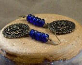 Bohemian Cobalt Blue Dangle Earrings Antique Bronze Boho Medallion India Glass Disc Bead Long Fashion Dangle Jewelry Hippie Free Shipping