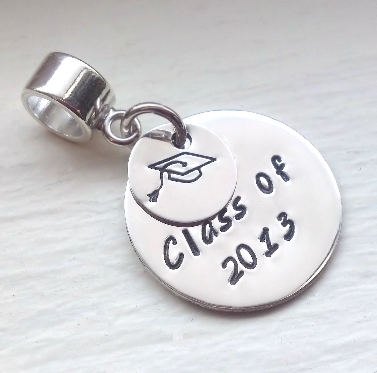Graduation Hand Stamped Personalized Sterling Silver Charm Fits European Bead Bracelets Graduate