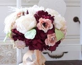 Plum wine bouquet with merlot hydrangea and Old rose hydrangea comprised of shades of sunkissed pink pale yellow and sunset orange