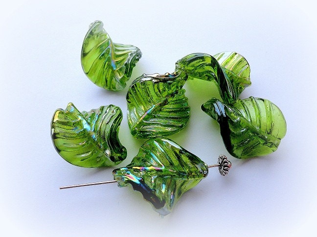 Green Glass Beads Spring Green Leaf Shape Beads By Kristinesbeads 7029