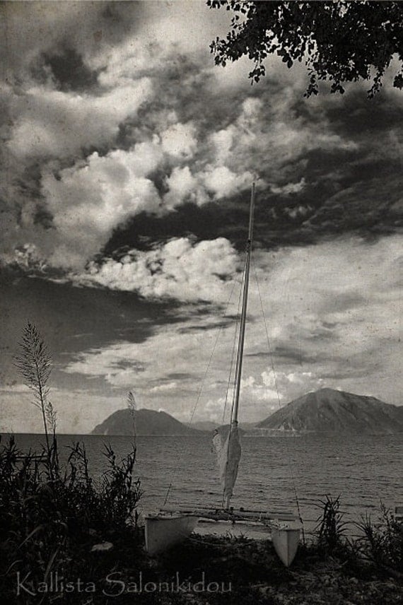 seascape photography,  canoe, sailboat, sky, clouds, nature, landscape, black and white