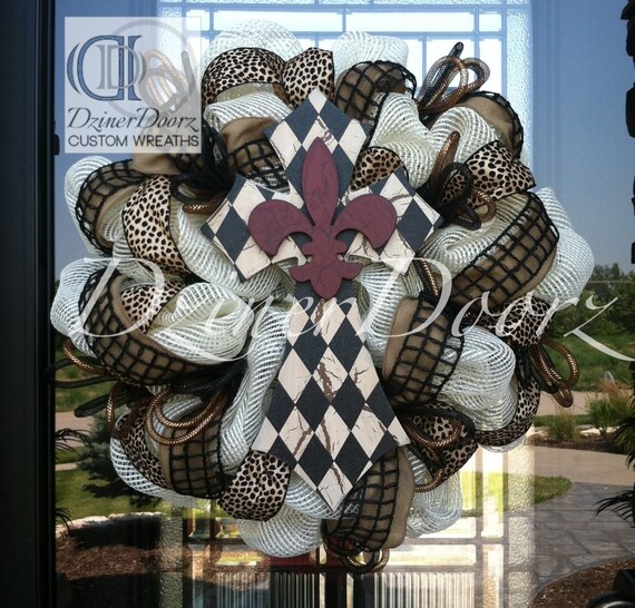 Cream Burlap and Black Cross deco mesh Wreath