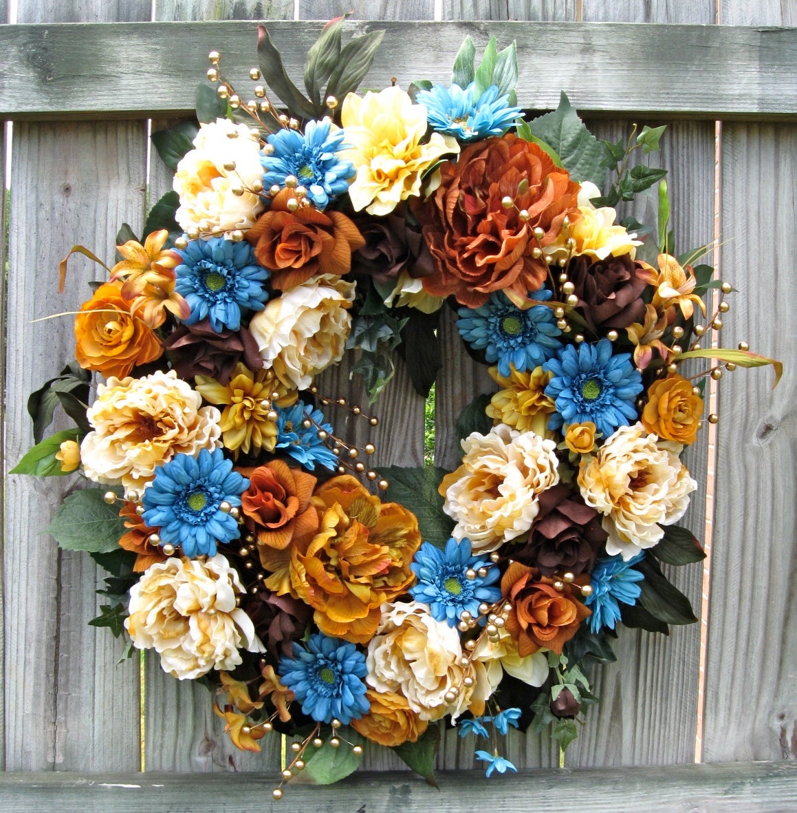 Luxury Large Teal, Brown, Gold, Cream, Peony , Rose and Gerbera Daisy Wreath